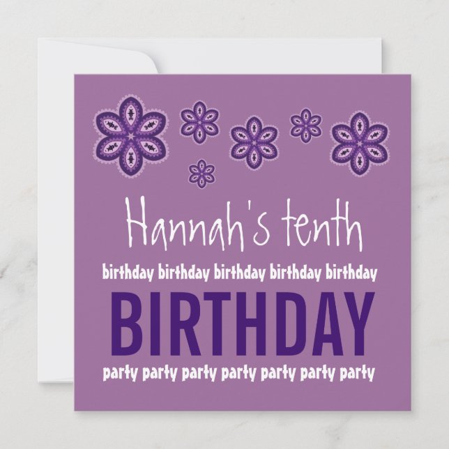 Invitation 10e anniversaire Fleurs violettes Nom personnalisé (Devant)