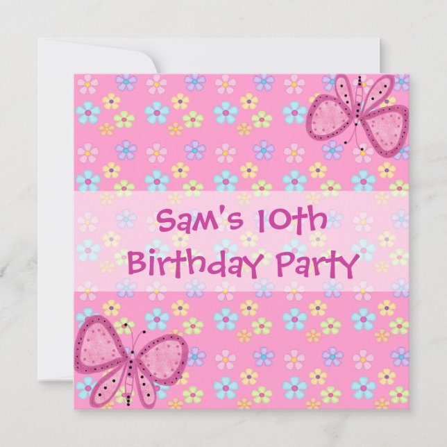 Invitation 10e anniversaire Floral rose papillon (Devant)