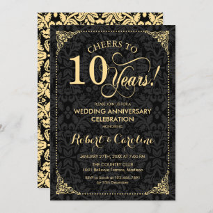 Invitation 10e anniversaire Mariage - Damas noir d'or