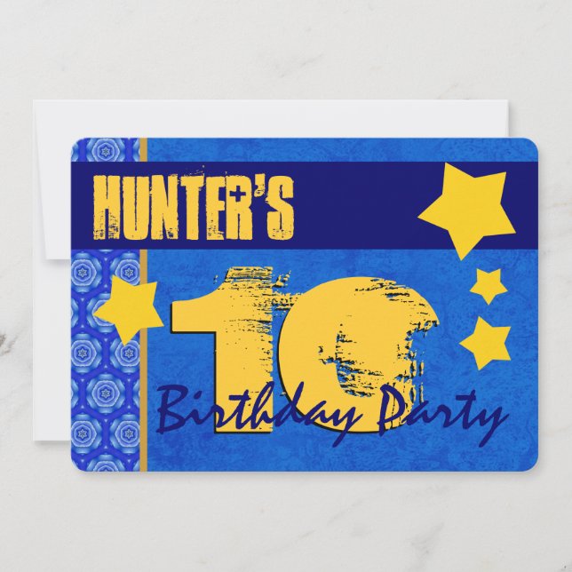 Invitation 10e anniversaire moderne pour lui Bleu et Or W13B7 (Devant)