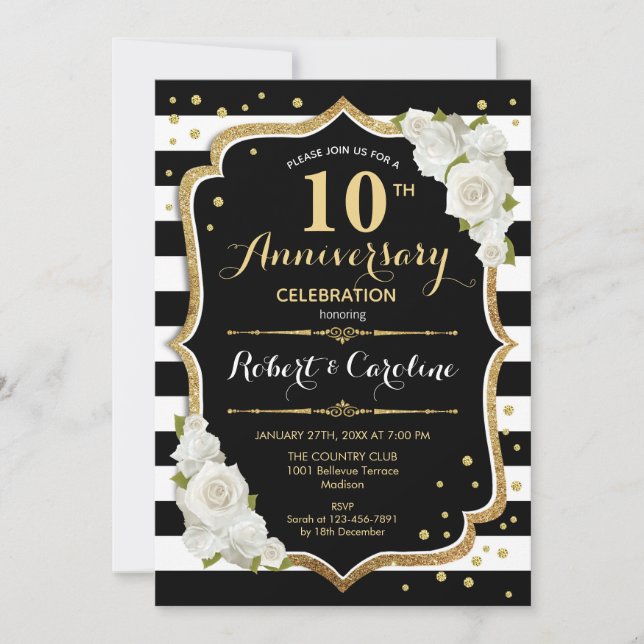 Invitation 10e anniversaire - Noir Blanc Or (Devant)
