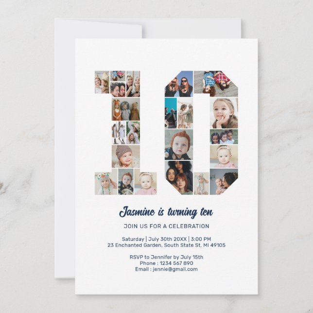 Invitation 10e anniversaire Numéro 10 Photo personnalisée Col (Devant)