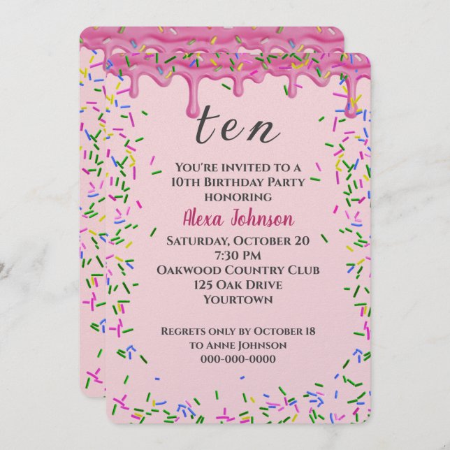Invitation 10e Anniversaire Pink Icing Et Sprinkles (Devant / Derrière)