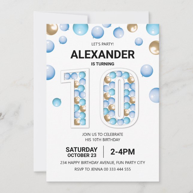 Invitation 10e fête d'anniversaire, Bleu et Ballons d'or (Devant)