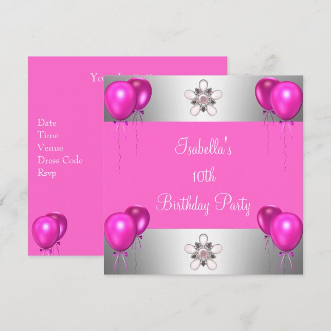 Invitation 10e fête d'anniversaire jolie en ballons roses arg (Devant / Derrière)