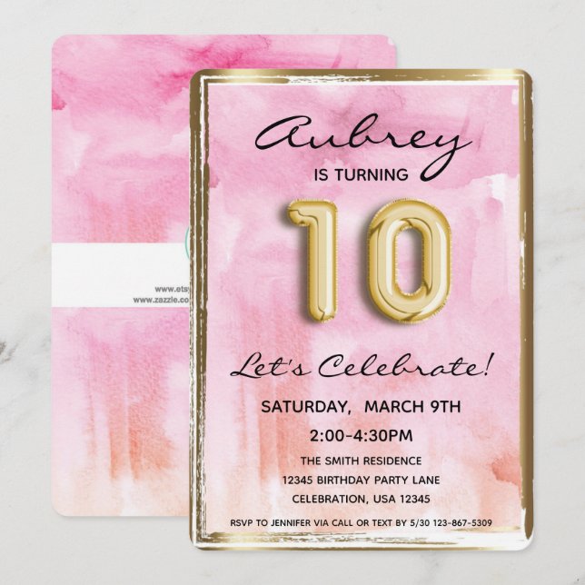 Invitation 10e fille Anniversaire rose et or (Devant / Derrière)
