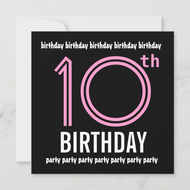 Invitation 10ème G001 rose de fête d'anniversaire et noir (Devant)