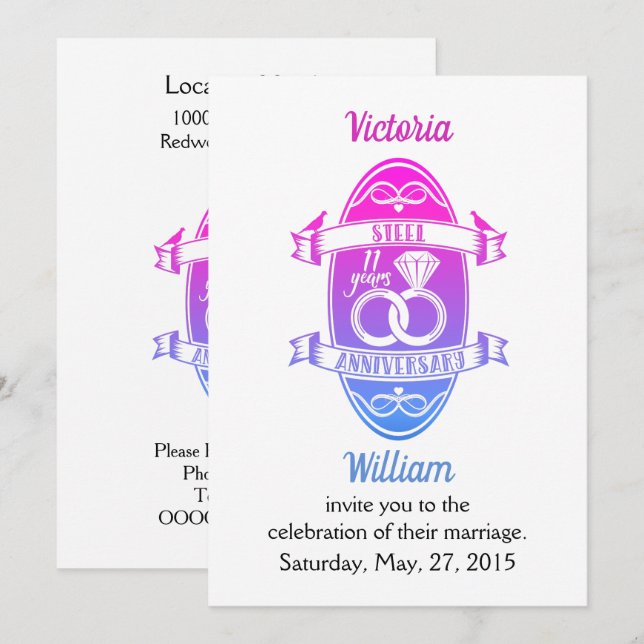 Invitation 11 ans traditionnel acier 11e anniversaire mariage (Devant / Derrière)
