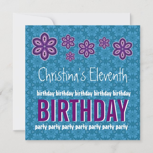 Invitation 11e anniversaire des fleurs violettes Nom personna (Devant)