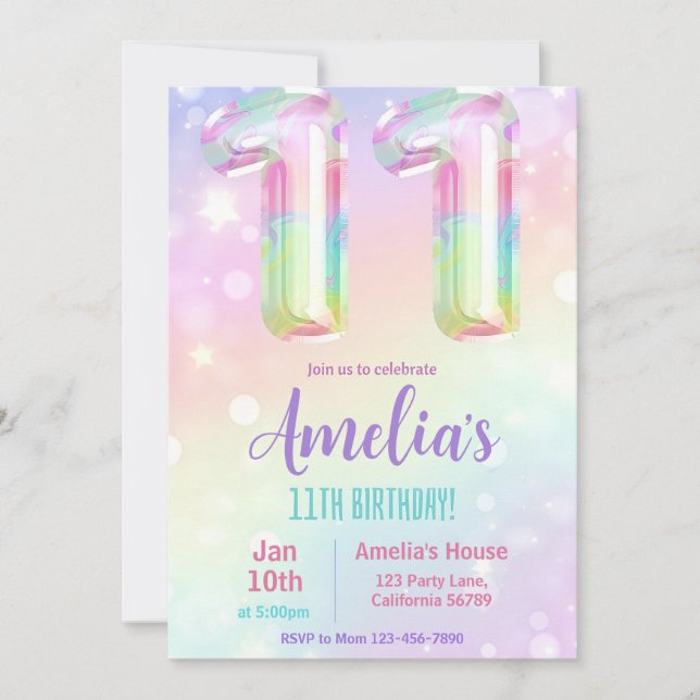 Invitation 11e anniversaire Fille 11e fête d'anniv (Devant)
