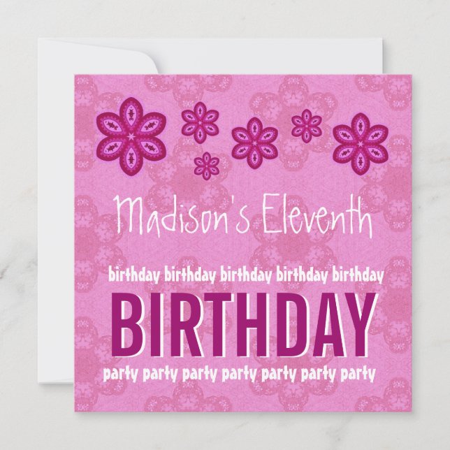 Invitation 11e anniversaire Fleurs roses Fille Nom personnali (Devant)