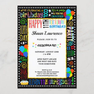 Invitation 11e anniversaire Fun Couleur Crazy Texte sur Black