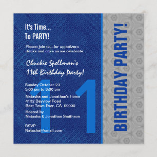 Invitation 11e anniversaire Moderne Bleu et Argent S307B
