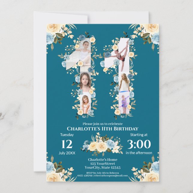 Invitation 11e anniversaire Photo Collage Fleur Jaune Turquoi (Devant)