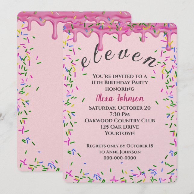 Invitation 11e Anniversaire Pink Icing Et Sprinkles (Devant / Derrière)