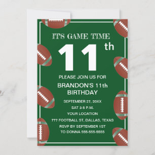 Invitation 11e fête d'anniversaire Football Vert Sport Enfant