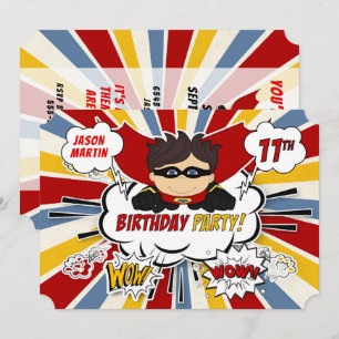 Invitation 11e fête d'anniversaire garçons Superhero Red Comi
