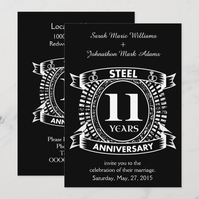 Invitation 11ème anniversaire de mariage en acier (Devant / Derrière)