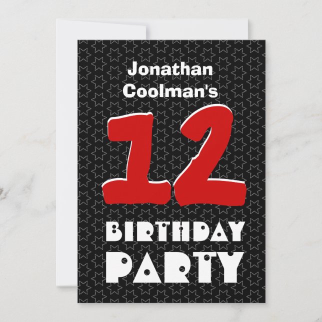 Invitation 12e anniversaire Ado moderne Black White Stars W03 (Devant)