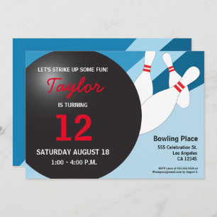 Invitation 12e anniversaire bowling party bleu rouge blanc