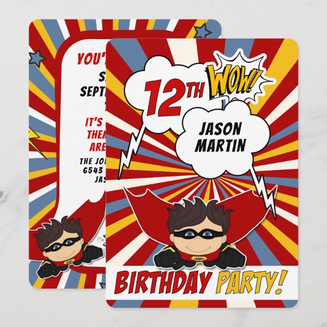Invitation 12e anniversaire de la fête Superhero Red Comic po (Devant / Derrière)