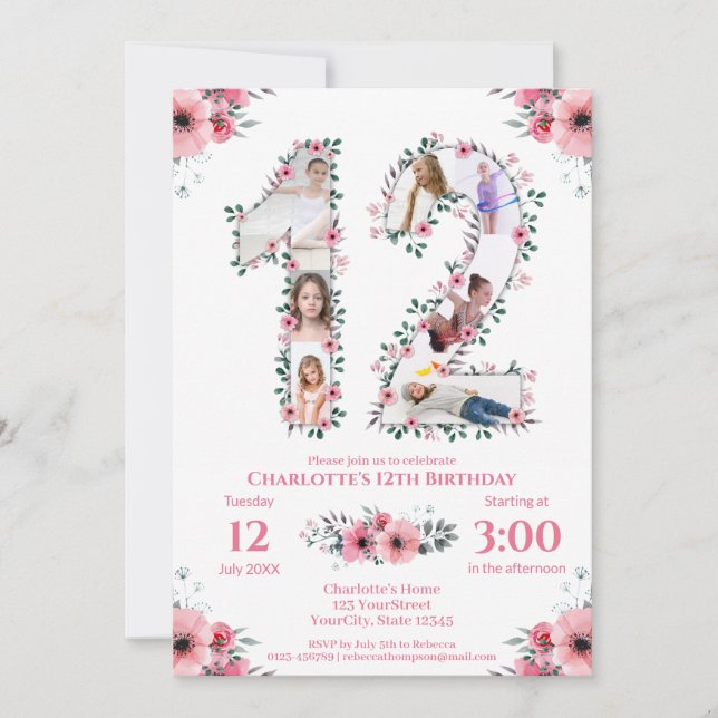 Invitation 12e anniversaire fille photo Collage rose Fleur bl (Devant)