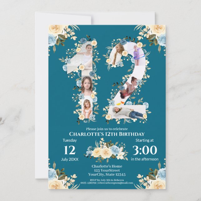 Invitation 12e anniversaire Photo Collage Turquoise Fleur Jau (Devant)