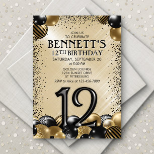 Invitation 12e Ballons Black Gold Anniversaire