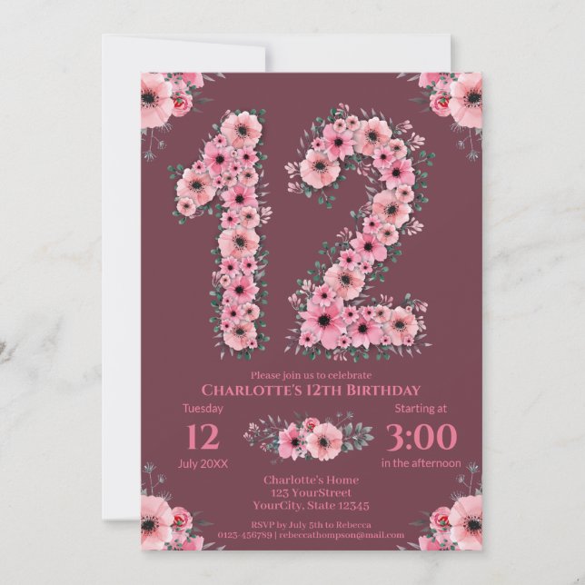Invitation 12e grand anniversaire fille Fleurs roses Fleurs v (Devant)