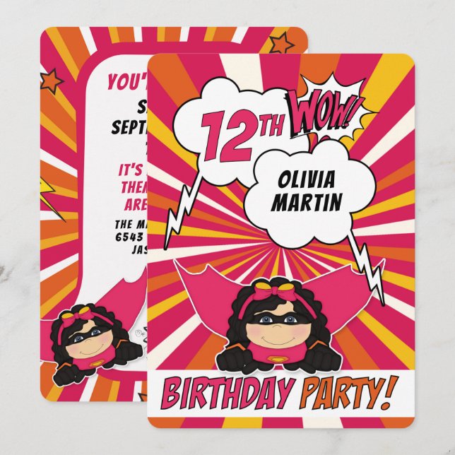 Invitation 12ème anniversaire de la fête Superhero Comique ro (Devant / Derrière)