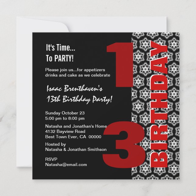 Invitation 13e Ado Anniversaire moderne Black White Stars G40 (Devant)