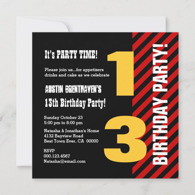 Invitation 13e Ado Anniversaire moderne rouge noir STripes A0 (Devant)