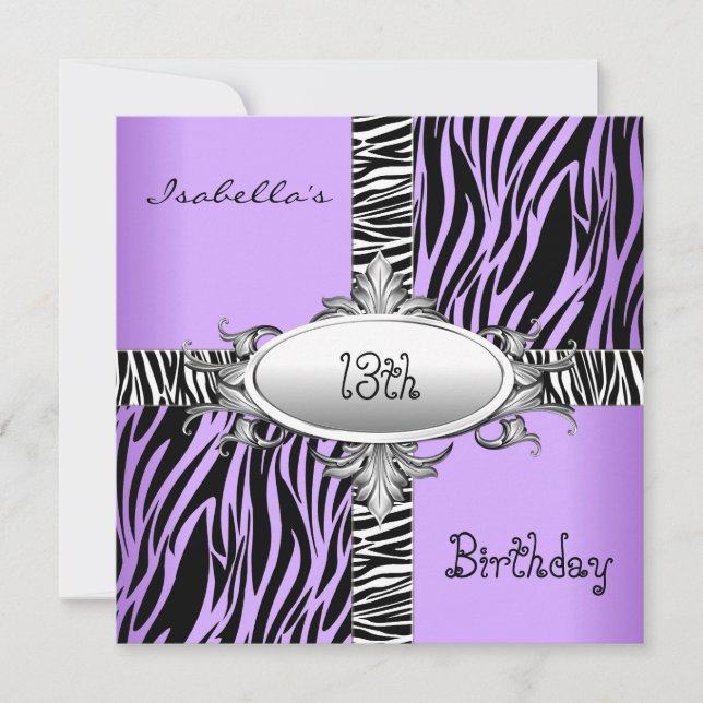 Invitation 13e anniversaire Ado Zebra Wild Purple Animal Noir (Devant)