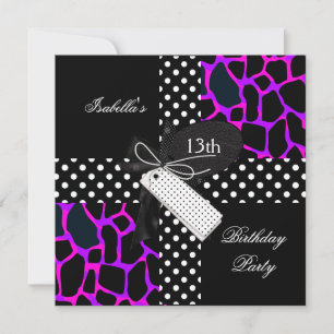 Invitation 13e Anniversaire Animal Polka Dot Purple Black Bla