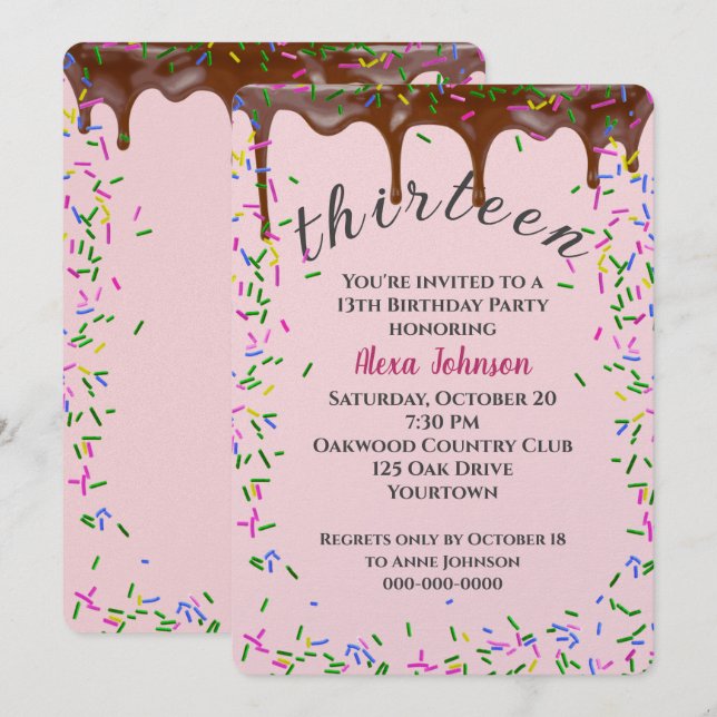 Invitation 13e Anniversaire Avec Glace Au Chocolat Et Saupoud (Devant / Derrière)