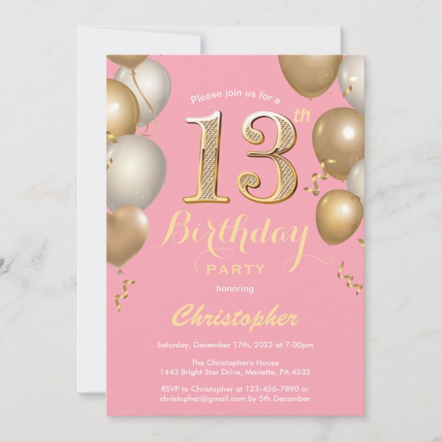 Invitation 13e anniversaire Balloons rose et or Confetti (Devant)