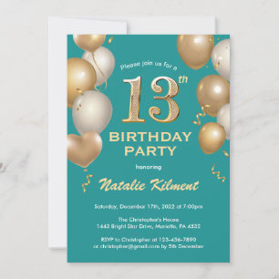 Invitation 13e anniversaire Balloons Turquoise et Parties sci