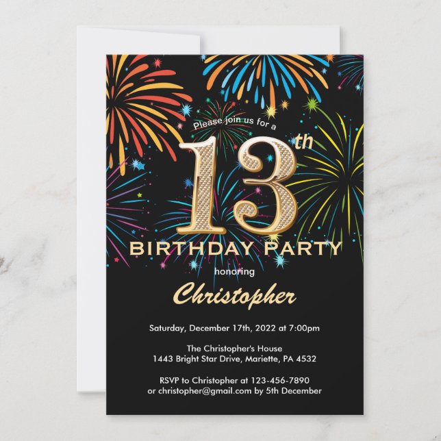 Invitation 13e anniversaire Black and Gold Rainbow Fireworks (Devant)