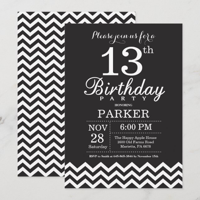Invitation 13e anniversaire Chevron noir et blanc (Devant / Derrière)