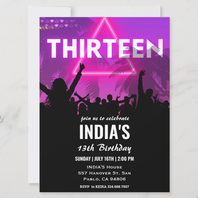 Invitation 13e anniversaire fête Pink Neon (Devant)