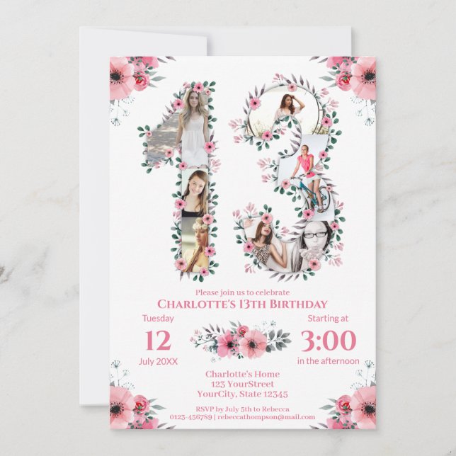 Invitation 13e anniversaire fille photo collage rose Fleur bl (Devant)