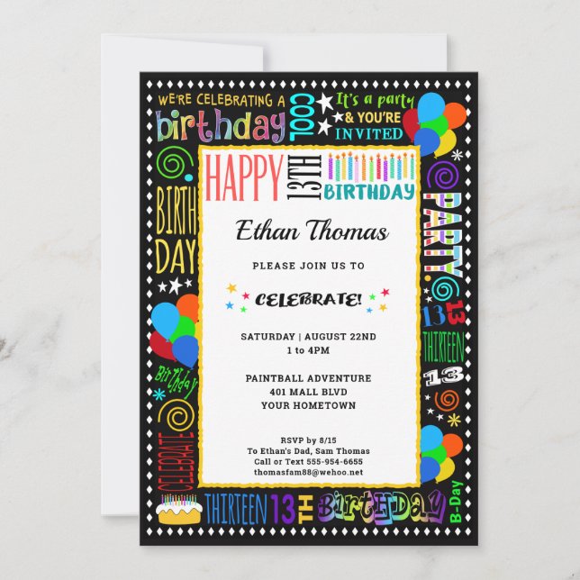 Invitation 13e anniversaire Fun Couleur Crazy Texte sur Black (Devant)