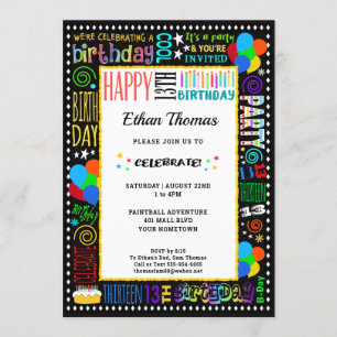 Invitation 13e anniversaire Fun Couleur Crazy Texte sur Black