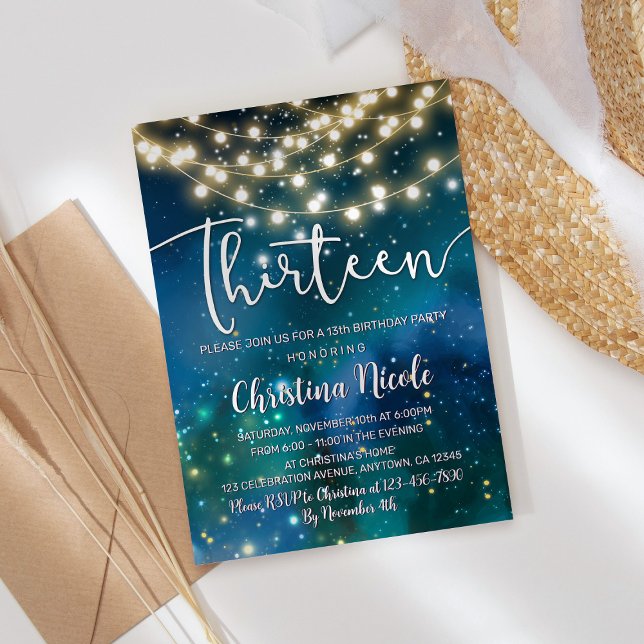 Invitation 13e anniversaire Galaxie Turquoise Bleu Vert (Créateur téléchargé)