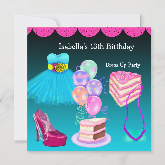 Invitation 13e anniversaire habiller soirée rose Turquoise (Devant)