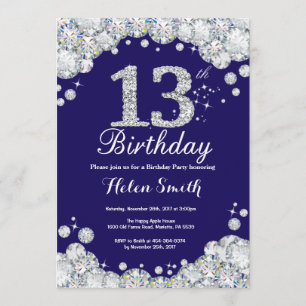 Invitation 13e anniversaire Marine Bleu et Diamant d'argent