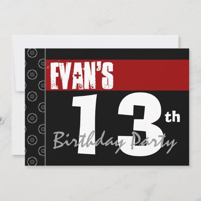 Invitation 13e anniversaire moderne pour lui Rouge Blanc Noir (Devant)
