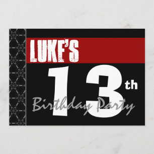 Invitation 13e anniversaire moderne pour lui rouge blanc noir