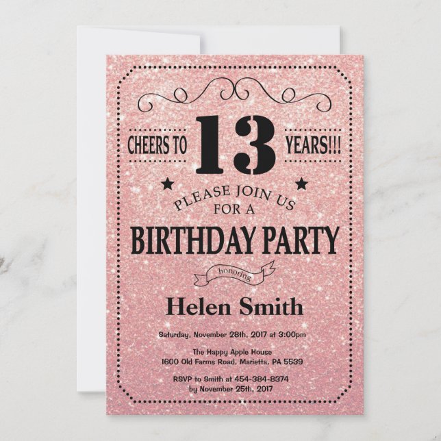 Invitation 13e anniversaire Parties scintillant d'or rose et  (Devant)