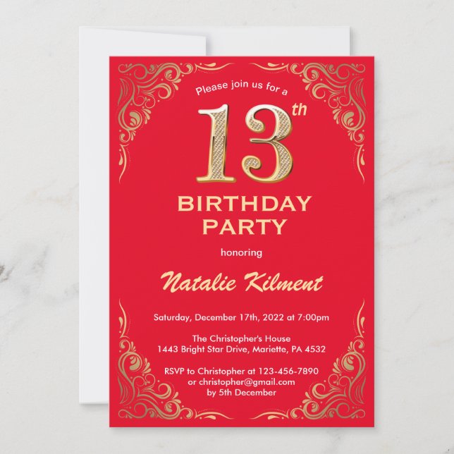 Invitation 13e anniversaire Parties scintillant rouge et or (Devant)